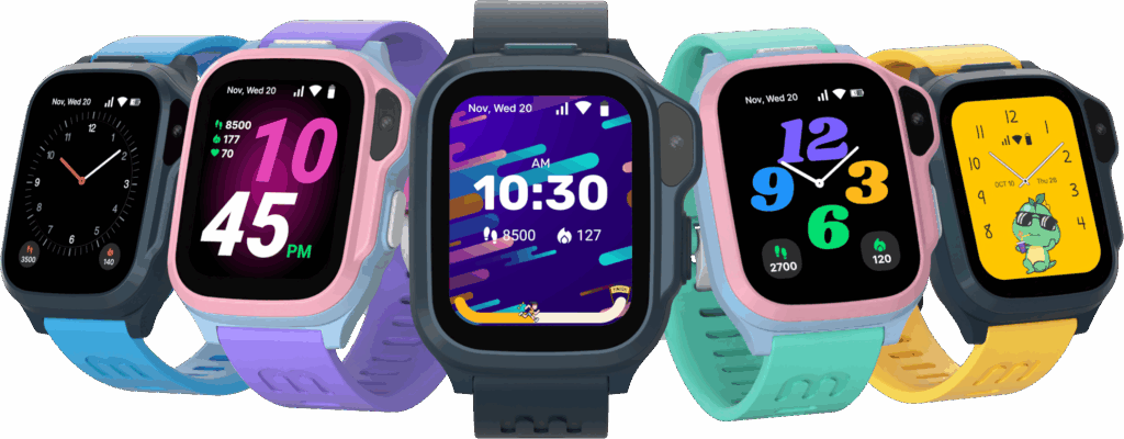 Five smartwatches side-by-side.