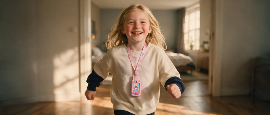 A young girl using a view talkie indoors