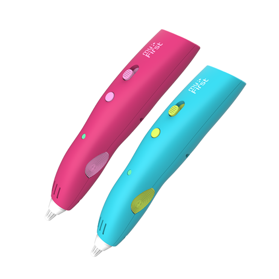 Two 3D Printing Pens, one pink and one teal, against a white background