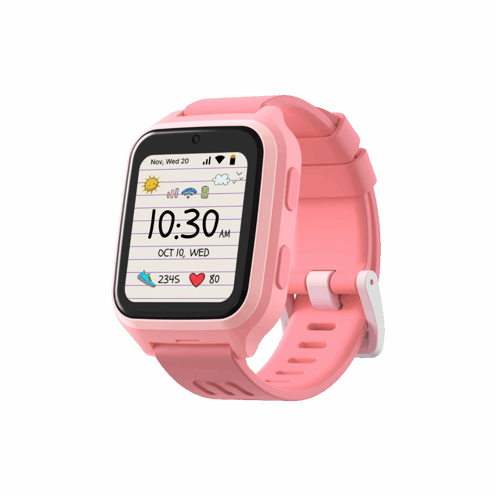 A pink watch against a white background