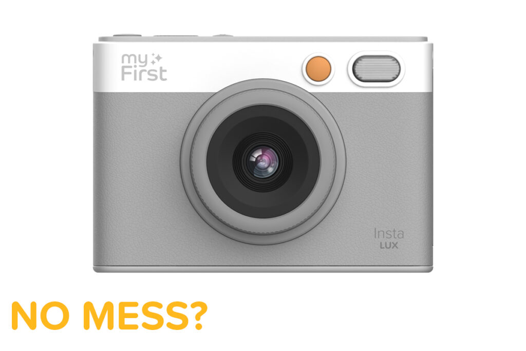 A picture of the Insta Lux, myFirst's instant print camera for kids that features sublimation printing, against a white background with the words "No Mess?" printed in yellow.