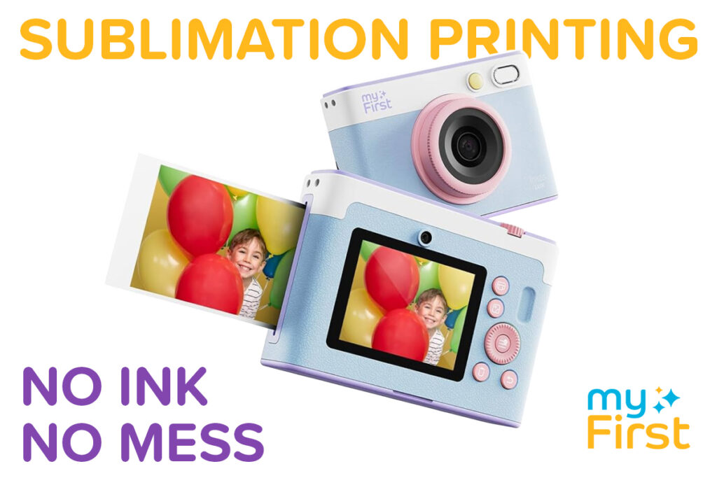 An instant print camera printing a photo, labeled "sublimation printing" and "no ink, no mess," against a white background.
