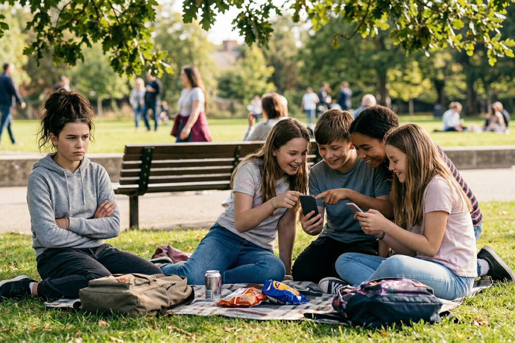A girl left out of her friend group in a park because she can't have or use a smartphone