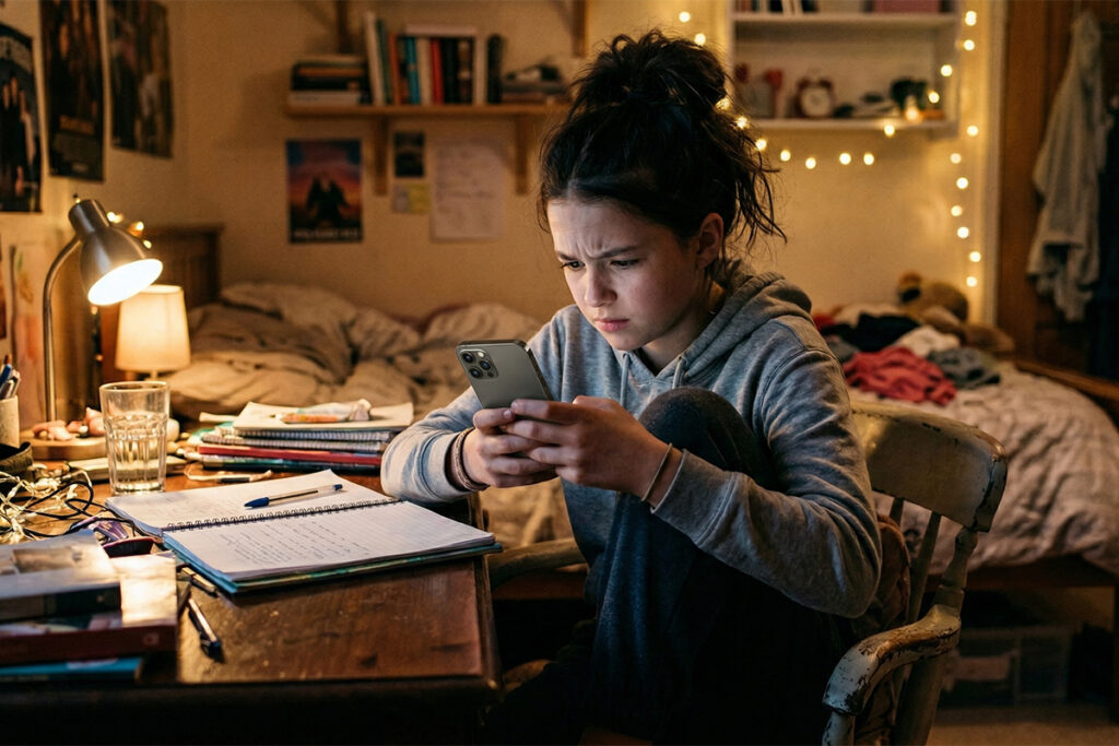 A girl stressed out and looking at her phone at her desk in her bedroom, with a bed in the background and twinkle lights