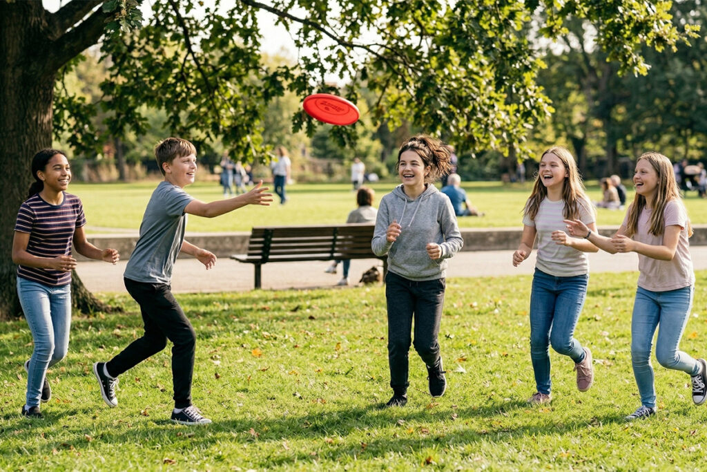 Kids playing with a red frisbee outside in a park