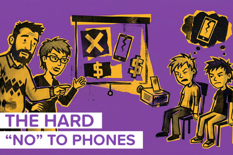 A purple, yellow, and black image of cartoon parents telling their kids "no" when they ask for phones