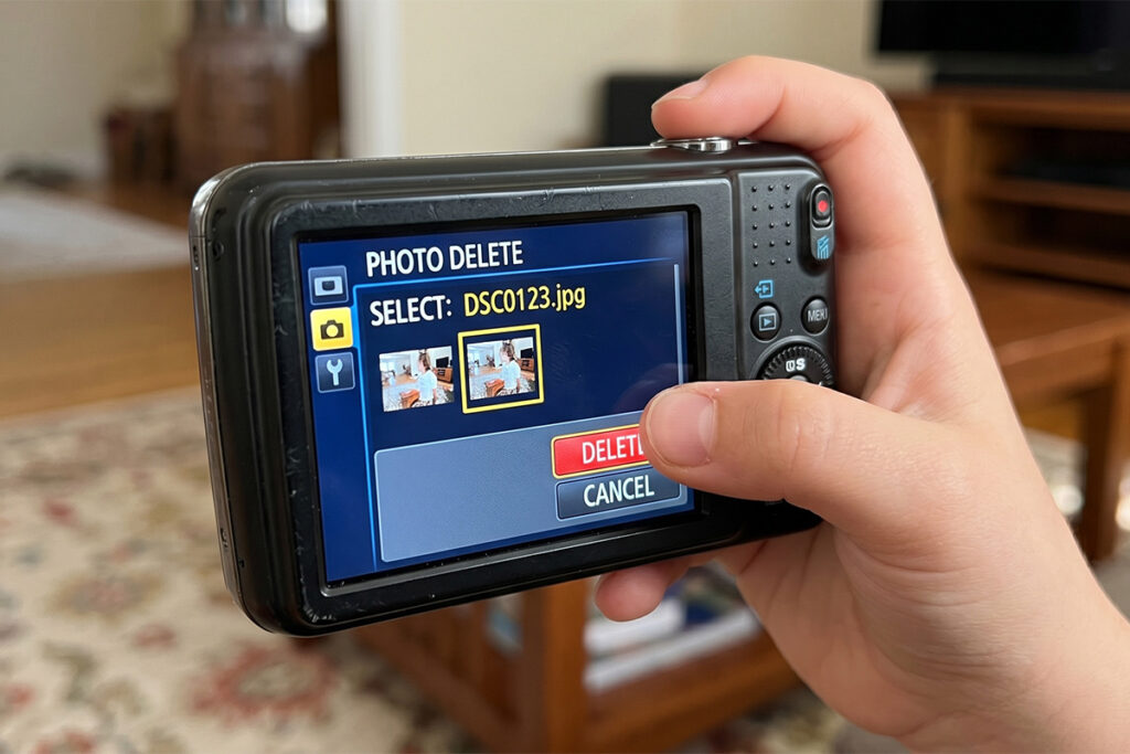 A child's hand deleting a photo on a digital camera