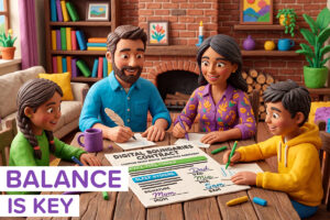 A claymation family signing a digital contract with the label BALANCE IS KEY