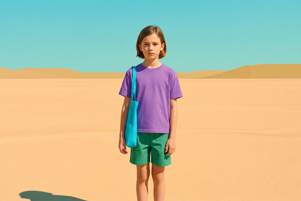 A tween alone in an empty desert surrounded by sand and blue sky.