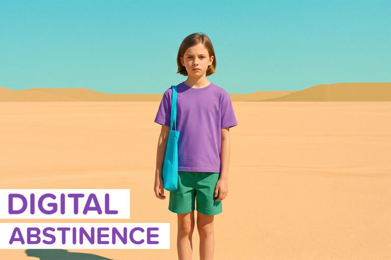 A tween alone in an empty desert, labeled Digital Abstinence