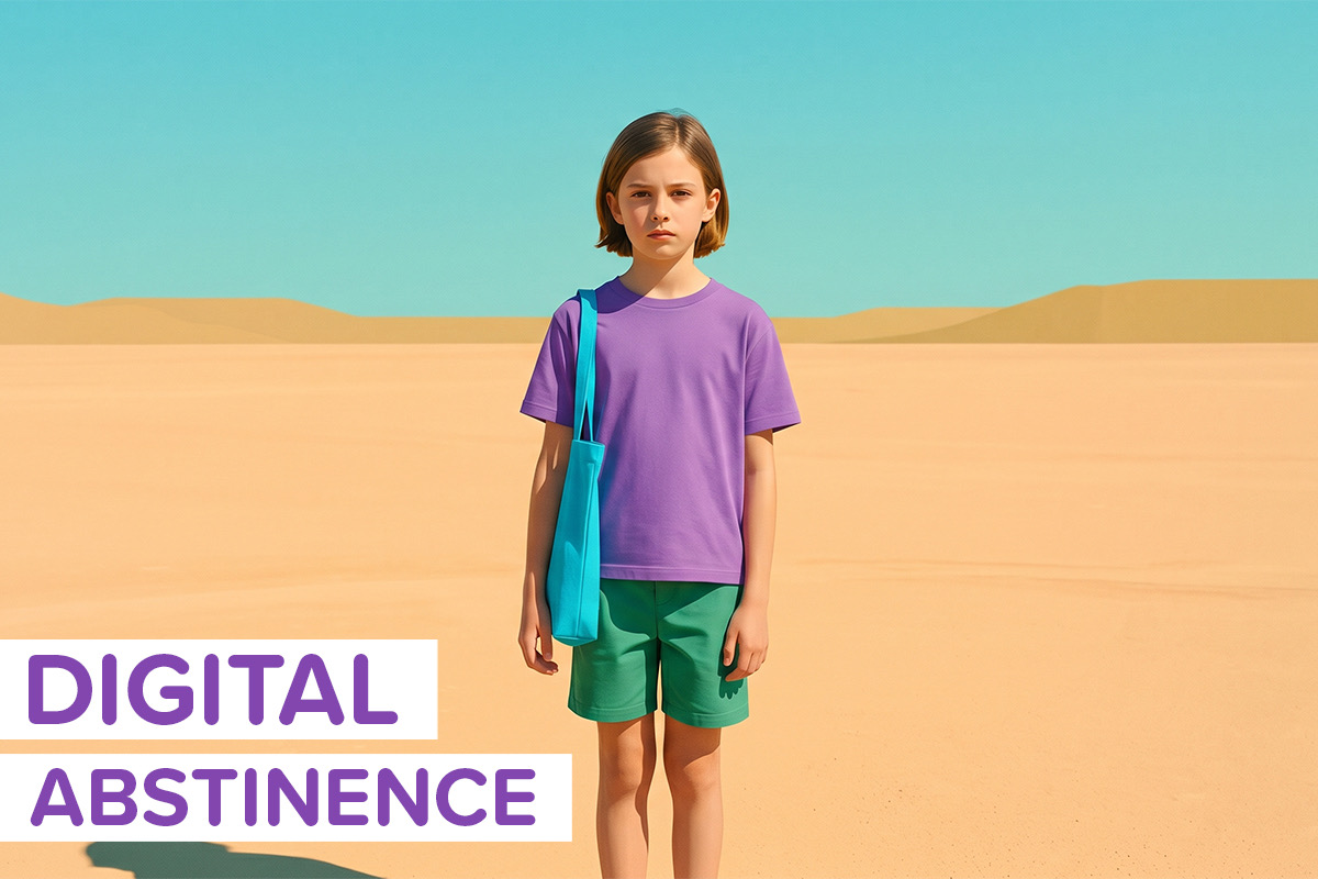 A tween alone in an empty desert, labeled Digital Abstinence