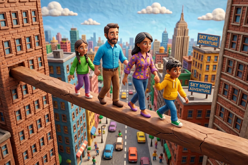 A clay family balancing across two skyscrapers together