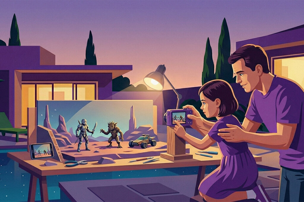 A daughter and dad making a stop motion video together in the back yard in the evening