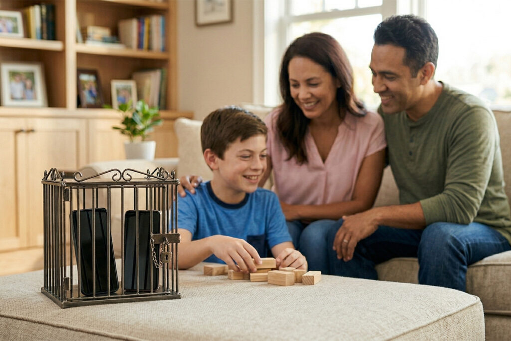 A family having fun with their phones are locked away from temptation