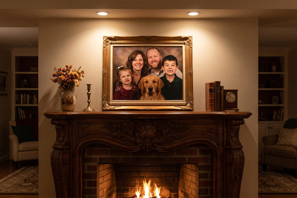 A picture of a fireplace mantle showing a family photo of four, along with a dog.