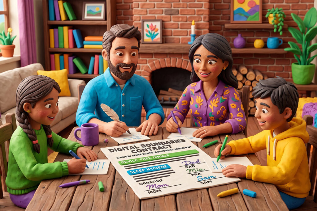 A family sitting at a table together agreeing to a contract over digital devices