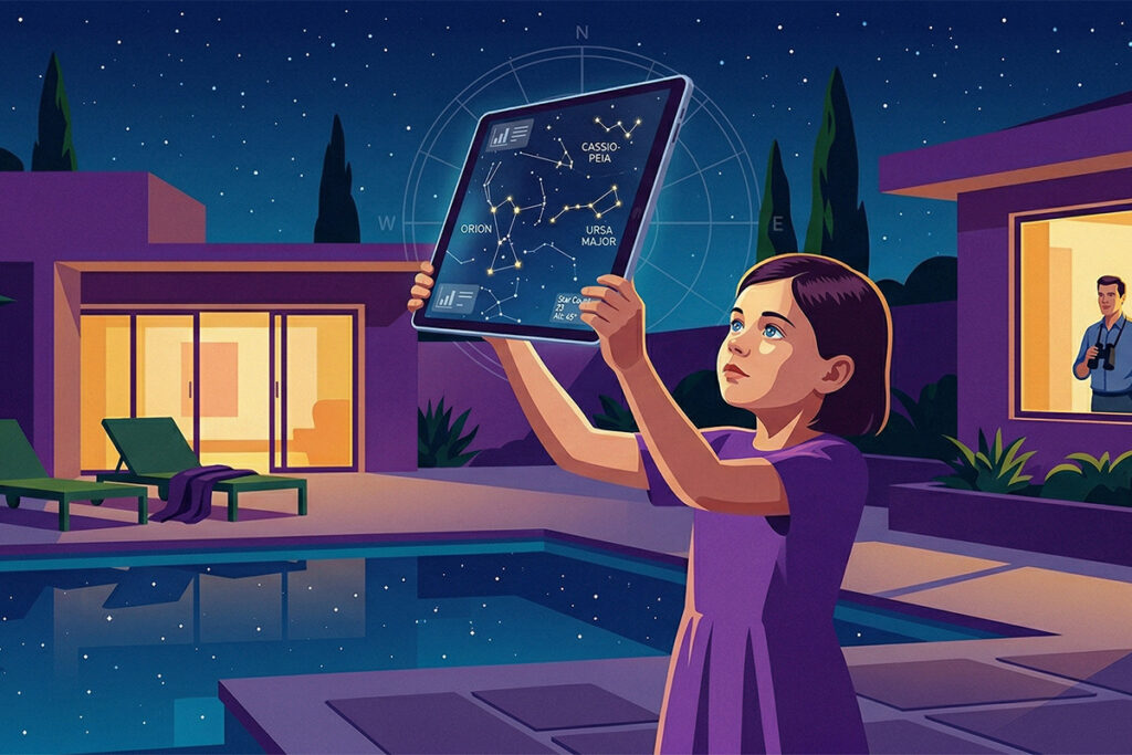 A girl using a device to map constellations in her back yard while her dad looks out the window