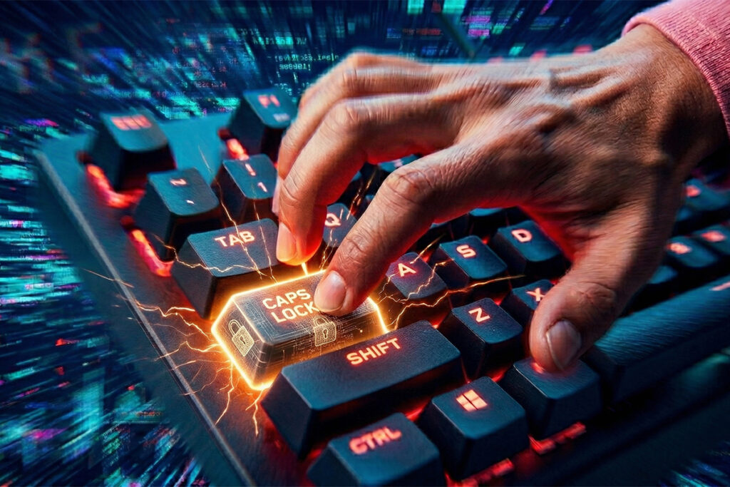 A stylized photo of a hand pressing a caps lock key on a keyboard