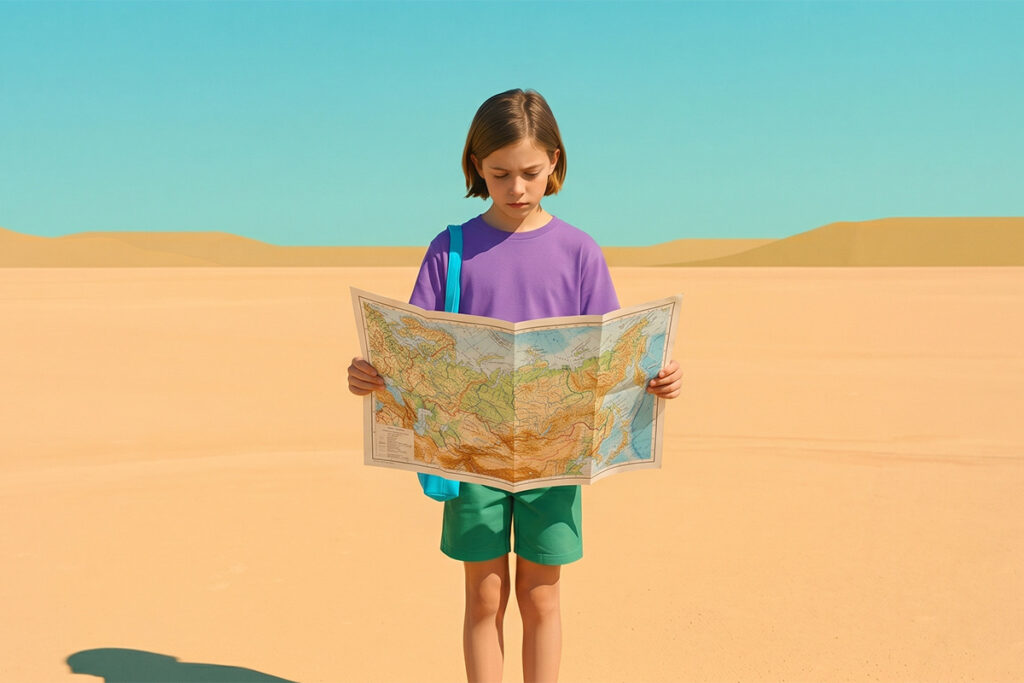 A tween with a map in a lonely desert surrounded by sand and blue sky, representing digital safety