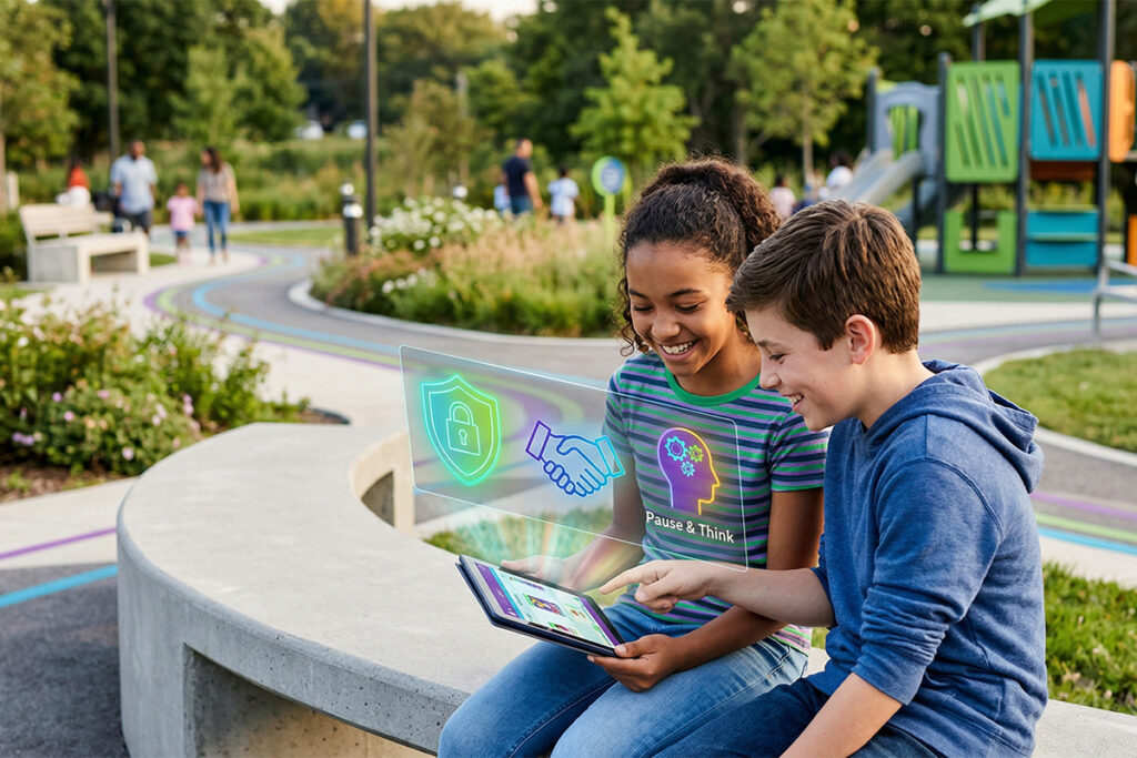 Kids using a tablet in a park, both using proper internet etiquette and being respectful online while being inclusive