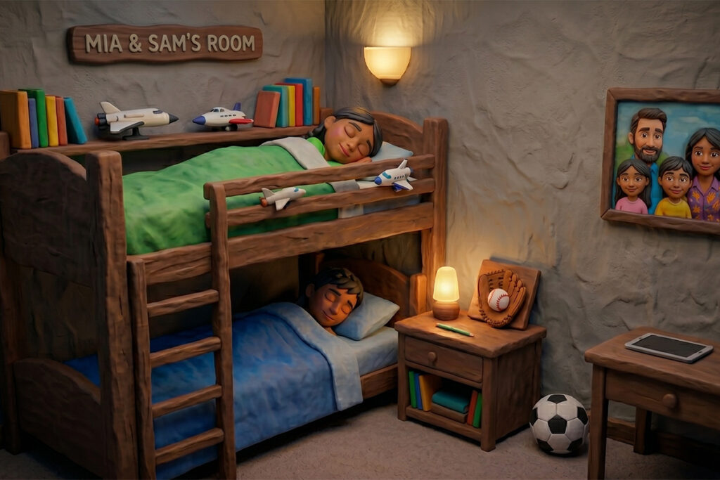 Two clay sibling sleeping soundly because they aren't on devices