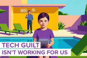 A cartoon girl on her tablet while her dad works in the background near a pool