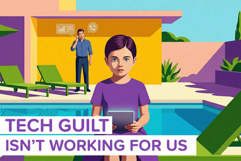 A cartoon girl on her tablet while her dad works in the background near a pool