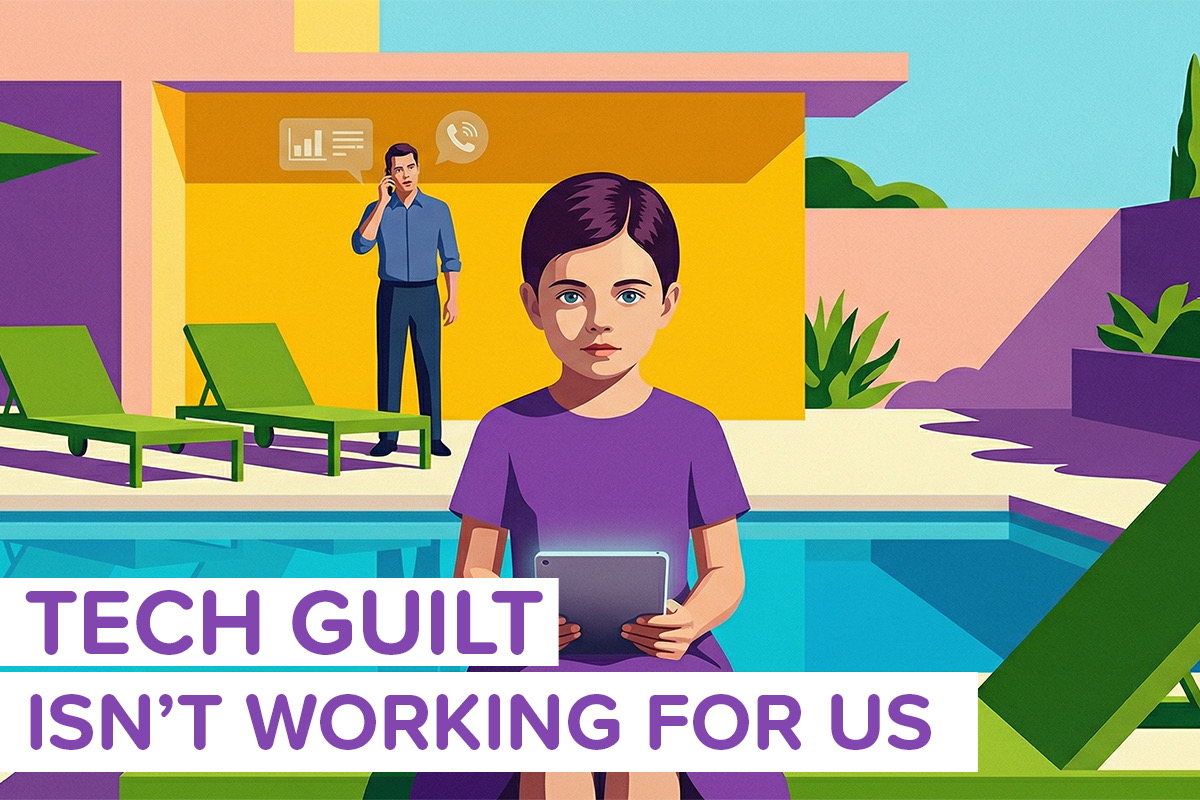 A cartoon girl on her tablet while her dad works in the background near a pool