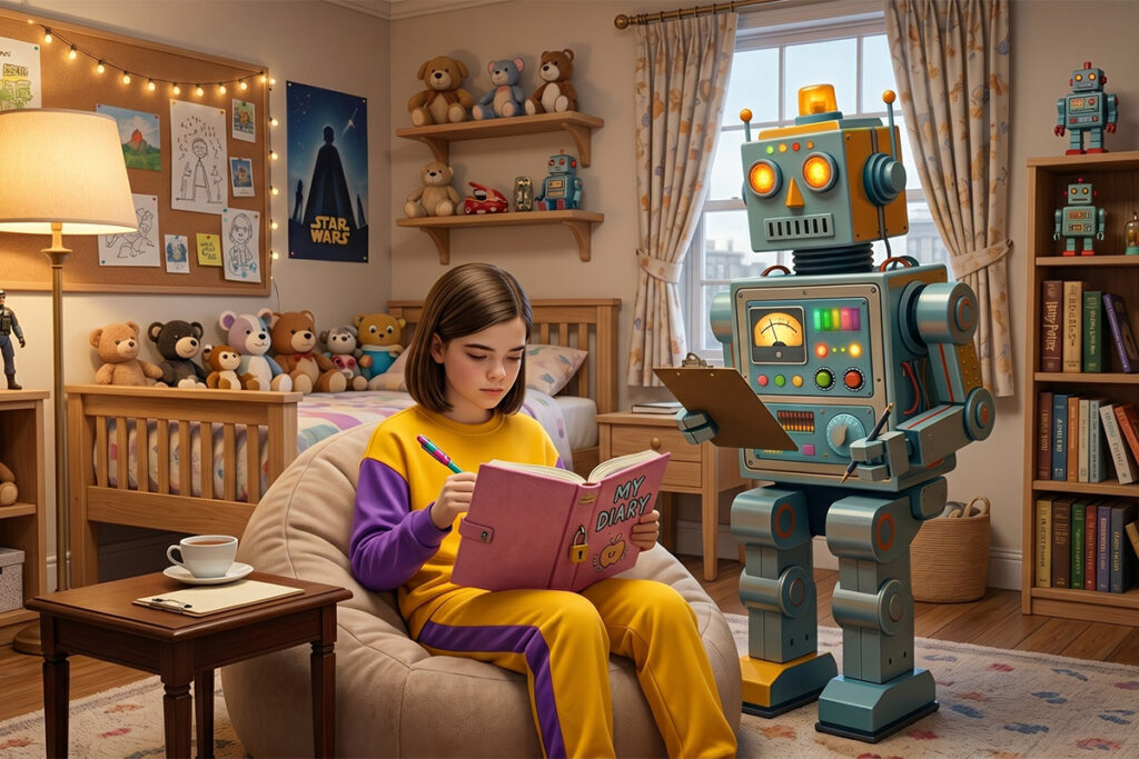 A girl writing in her diary as her AI companion observes