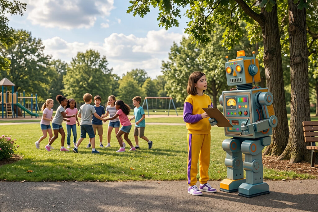 A girl and her AI companionship robot talk in a park while other kids play