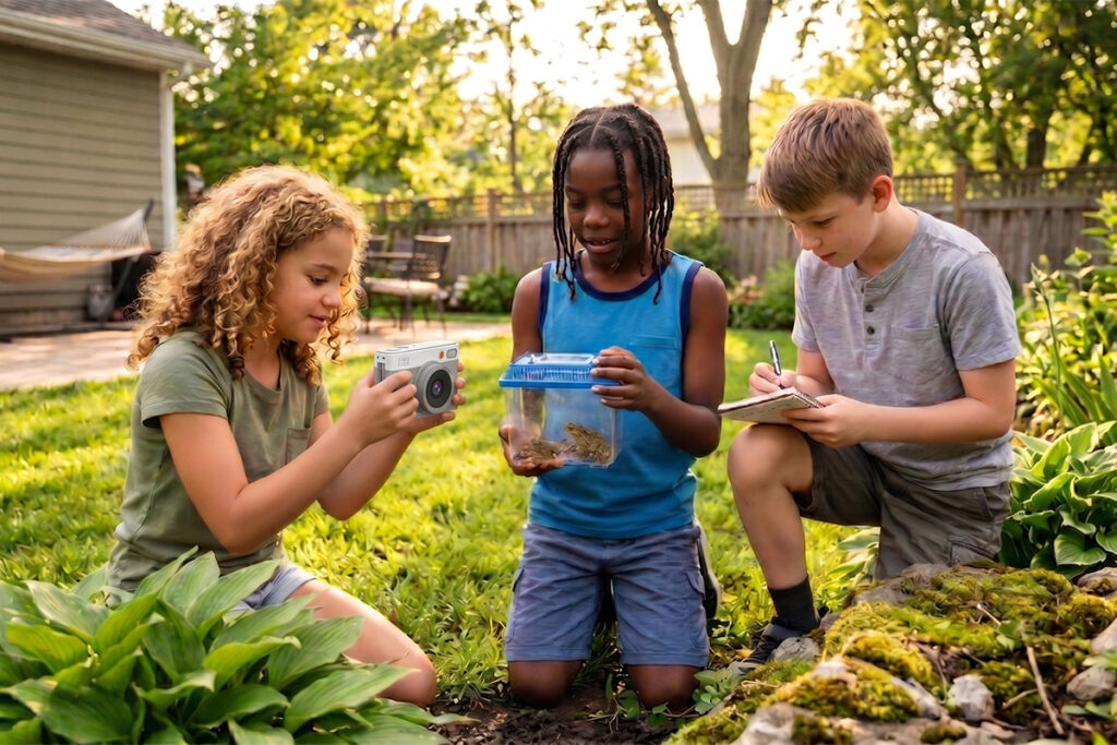 Three kids catching toads in a backyard during summer, one of them takes a photo of it