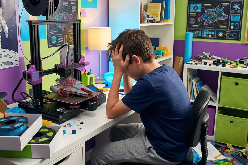A kid in his room looking at his failed 3D printed space ship