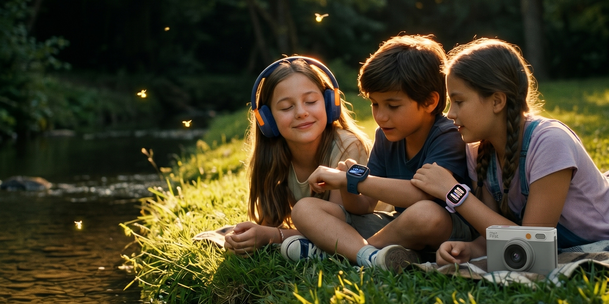 Three kids relaxing by a creek during summer. One is wearing headphones, two have smartwatches, and there's a camera sitting next to them.