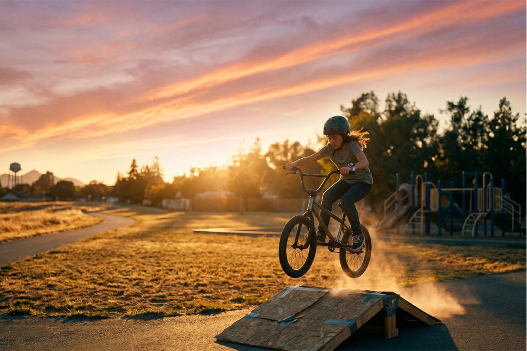 A girl wearing a smartwatch ramping off a ramp in a park during summer