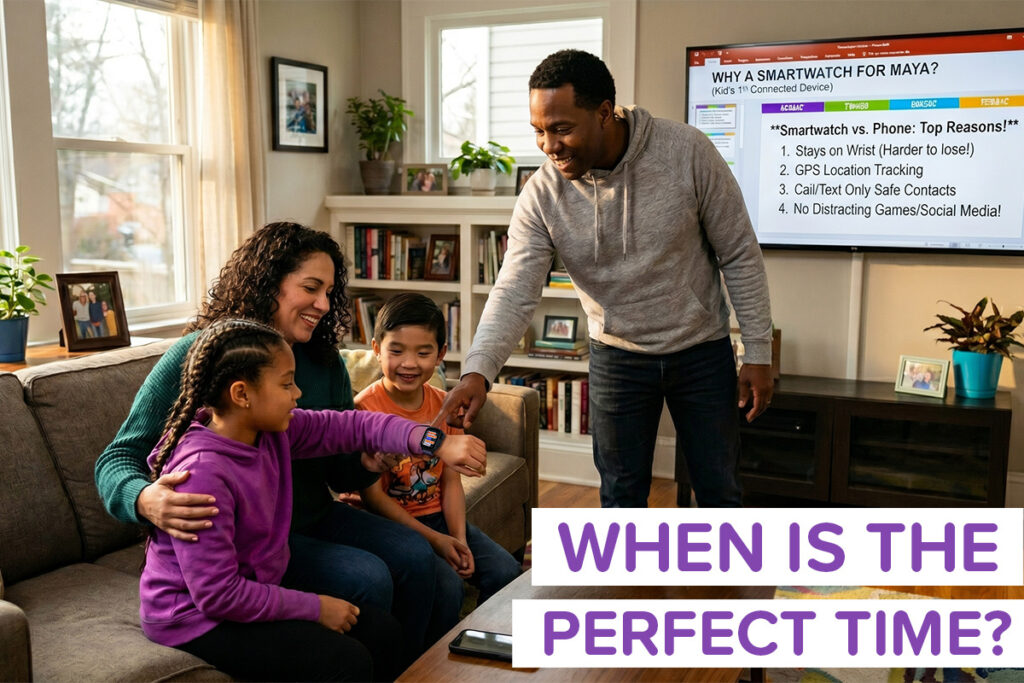 A family debating a connected smartwatch for kids with the label "When is the perfect time?"