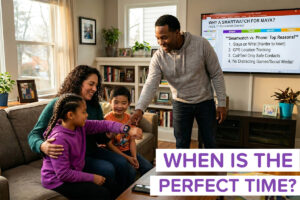 A family debating a connected smartwatch for kids with the label "When is the perfect time?"