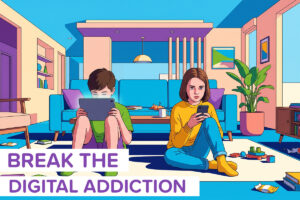 Two kids sitting on the ground in their living room addicted to their devices, with the title Break The Digital Addiction across the bottom