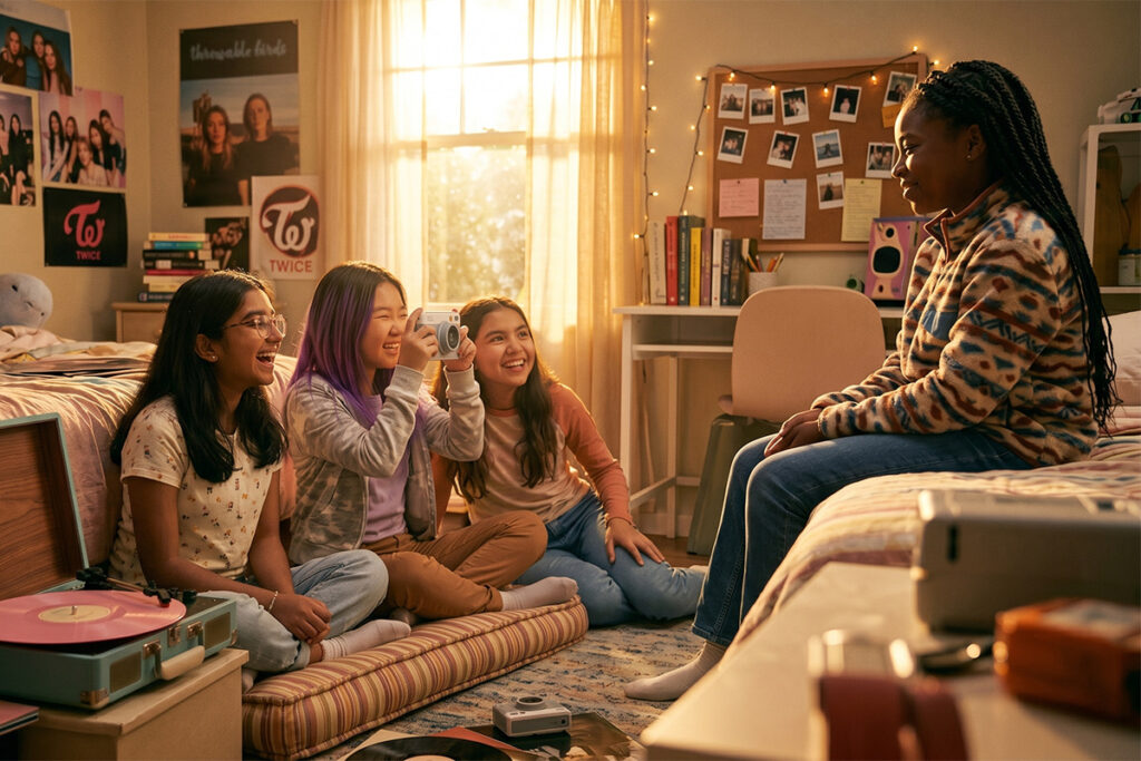 A group of four girls using an instant print camera in one of their bedrooms.