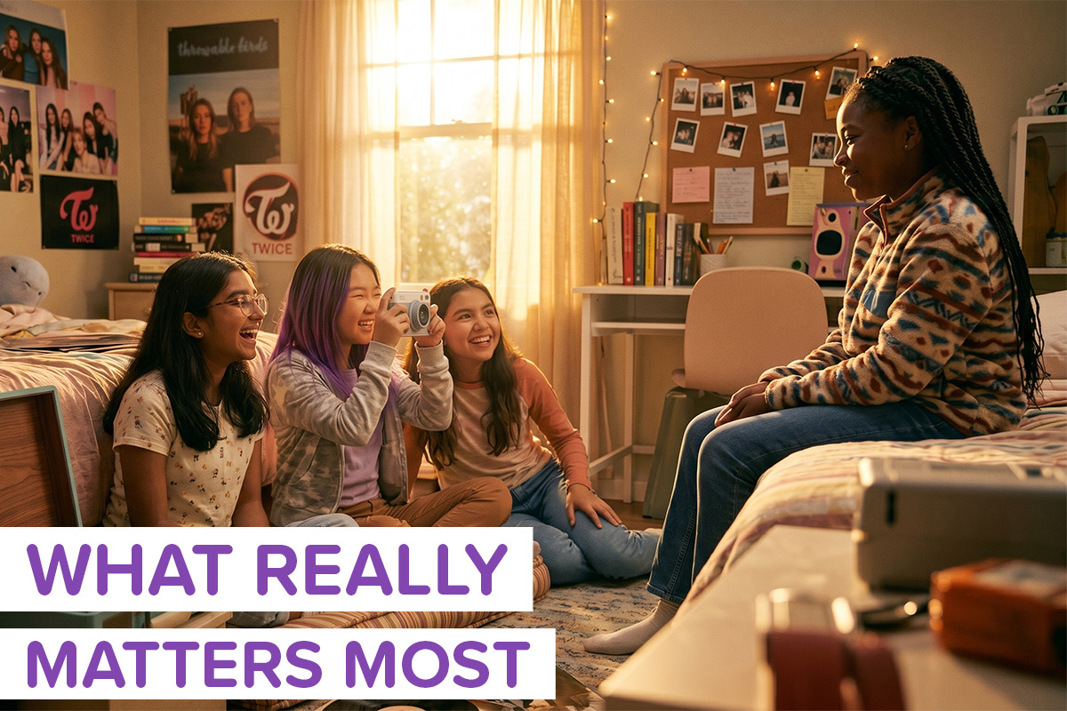 A group of four girls using a camera for tweens with a title that says "what really matters most"