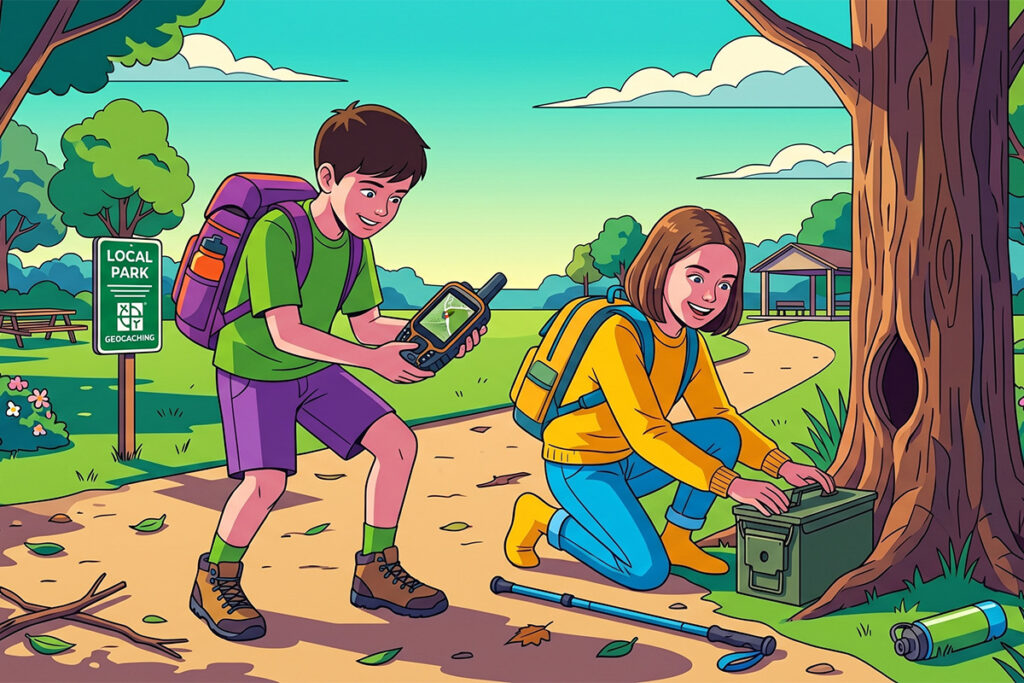 Kids in a park using GPS to find a geocache.
