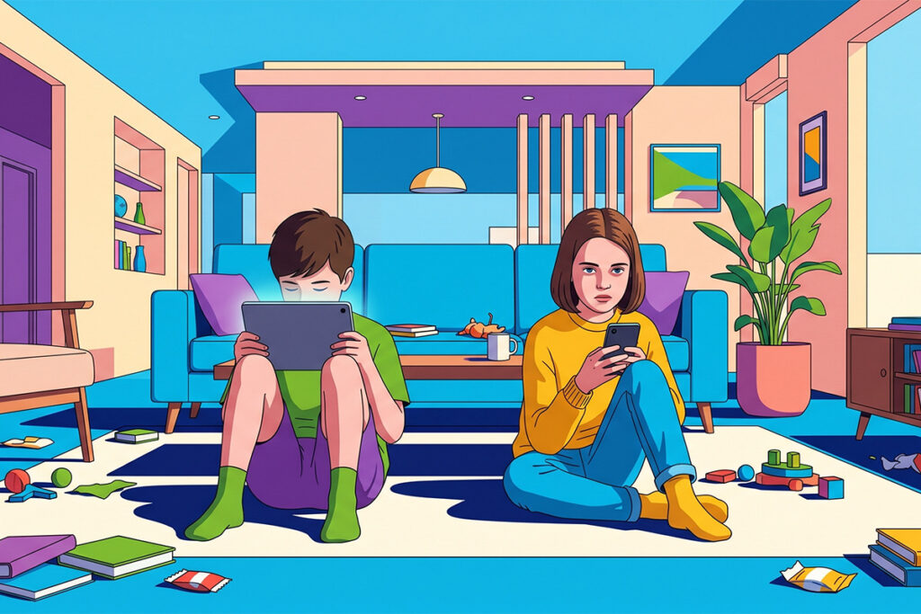 Kids ignoring the mess around them because they're deep in their digital addiction.