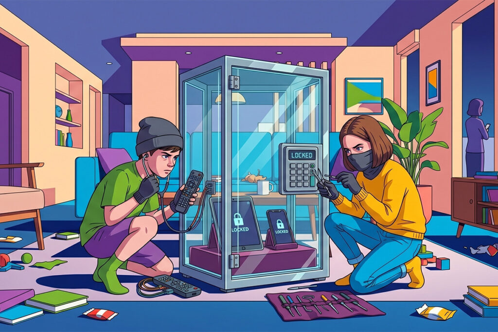 Kids trying to break into the vault containing their devices while their mom isn't looking
