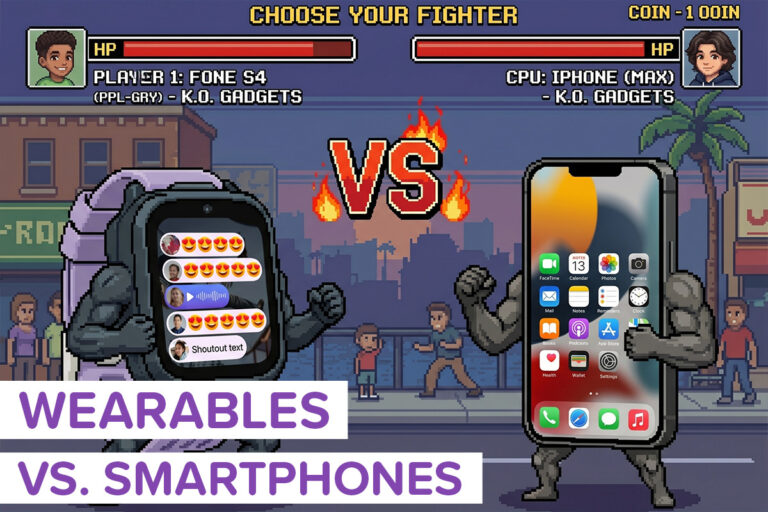 A cartoon watch vs a cartoon smartphone in the style of a video game showdown