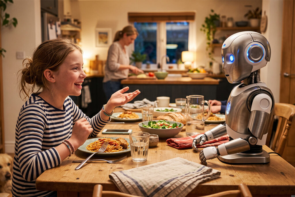 A conversation between a girl and her AI robot at the dinner table with the mom in the background.