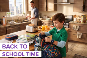 A kid packing his bag getting ready to go back to school while wearing a myFirst Fone S4. The image is labeled "back to school time"