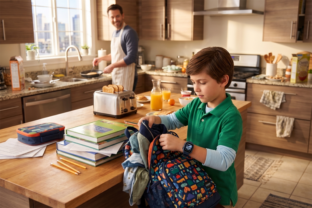 A kid packing his bag for school while wearing a smartwatch for kids