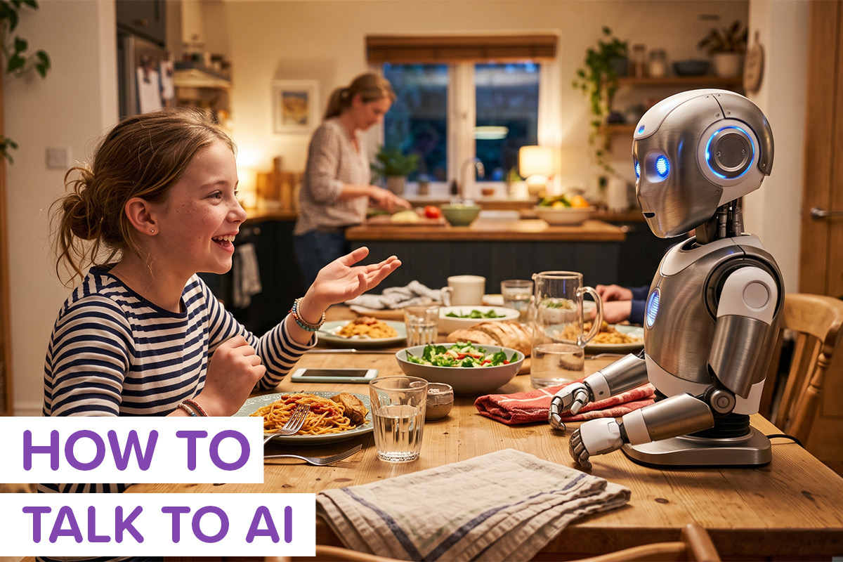 A young girl having a conversation with an AI robot at the dinner table, labeled How To Talk To AI
