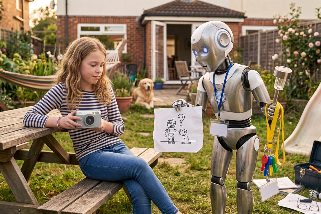 A clueless AI Robot in the backyard next to a girl holding a camera