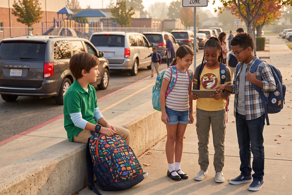 A kid wearing a smartwatch waiting to be picked up after school among friends, who are looking at a tablet