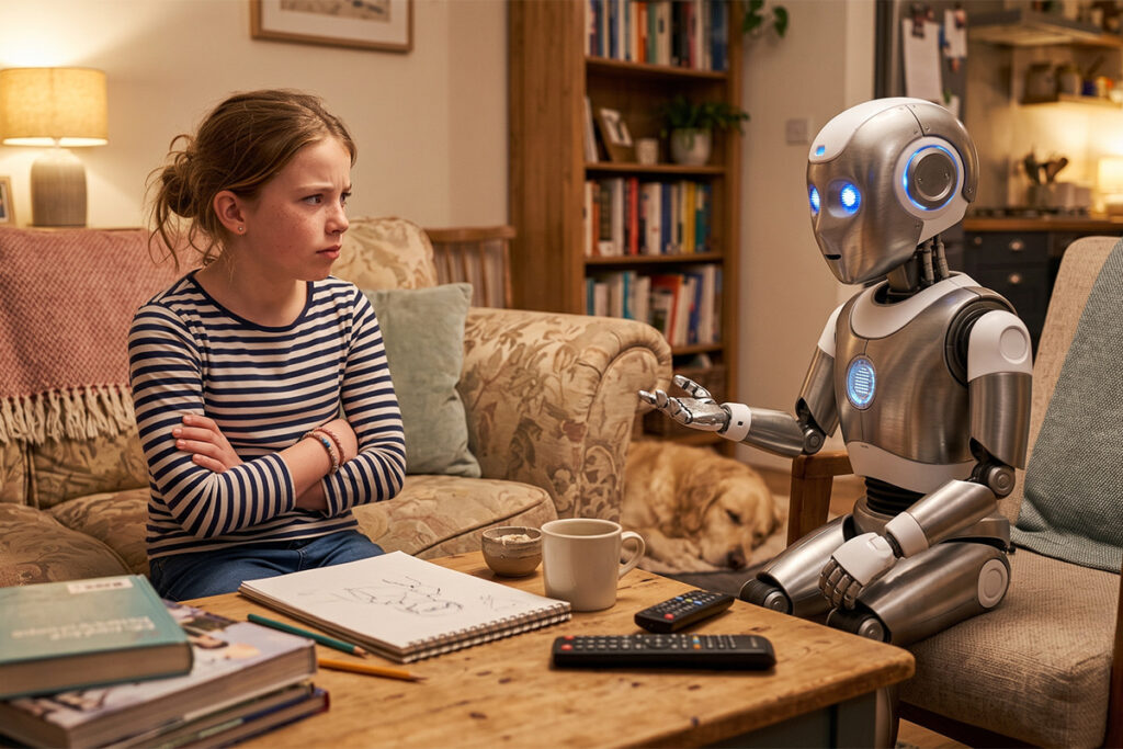 A young girl skeptical of what an AI robot is telling her. They're sitting in a living room.